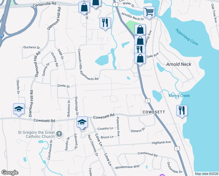 map of restaurants, bars, coffee shops, grocery stores, and more near 4 Rip Van Winkle Circle in Warwick