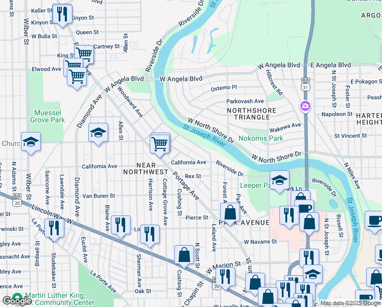 map of restaurants, bars, coffee shops, grocery stores, and more near 716 California Avenue in South Bend