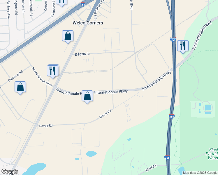 map of restaurants, bars, coffee shops, grocery stores, and more near 2400 Internationale Parkway in Woodridge