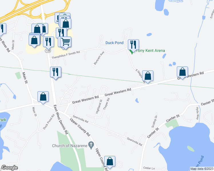 map of restaurants, bars, coffee shops, grocery stores, and more near 27 Clinton Circle in Dennis