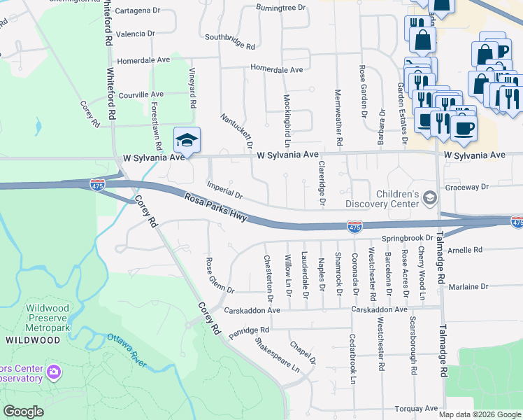 map of restaurants, bars, coffee shops, grocery stores, and more near 4708 Springbrook Drive in Toledo