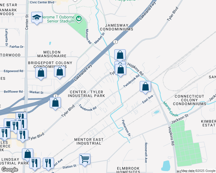 map of restaurants, bars, coffee shops, grocery stores, and more near 7900 Center Street in Mentor