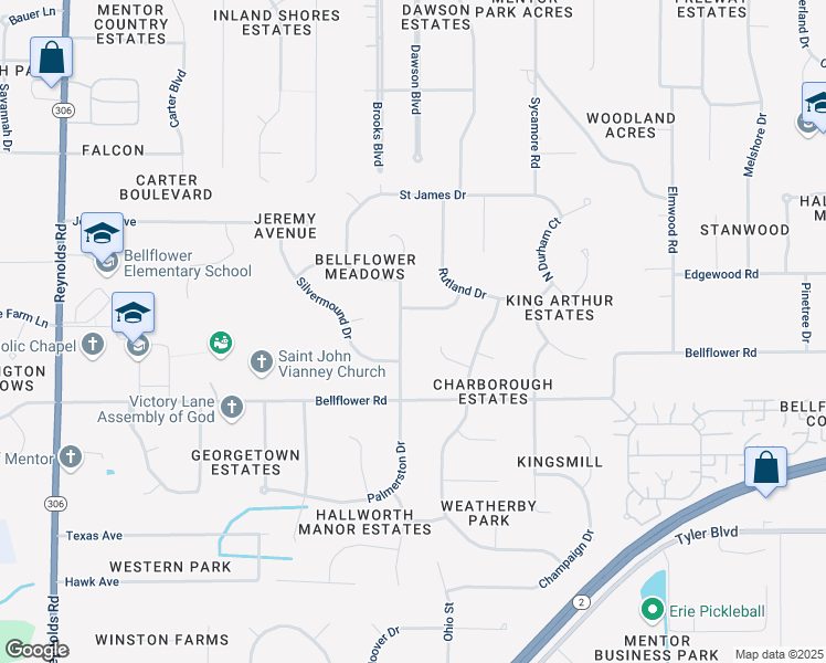 map of restaurants, bars, coffee shops, grocery stores, and more near 6741 North Palmerston Drive in Mentor