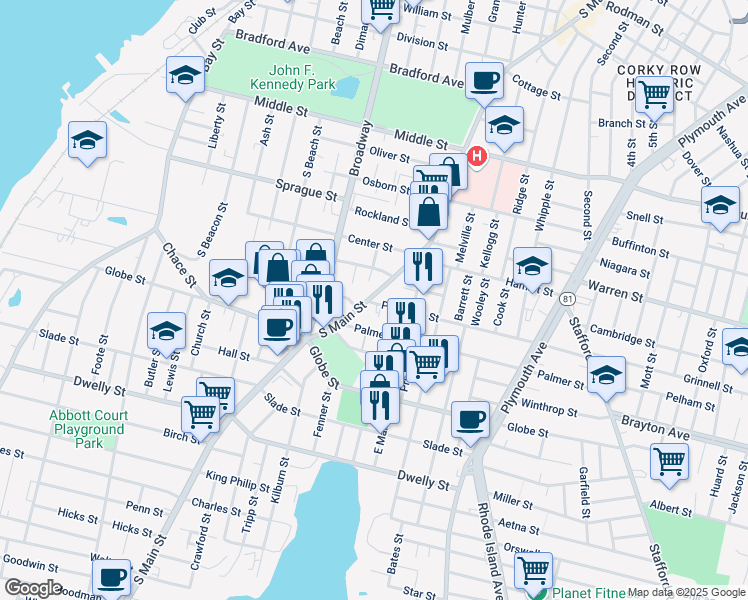 map of restaurants, bars, coffee shops, grocery stores, and more near 36 Palmer Street in Fall River