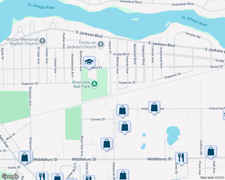 map of restaurants, bars, coffee shops, grocery stores, and more near 343 Joyce Ct in Elkhart