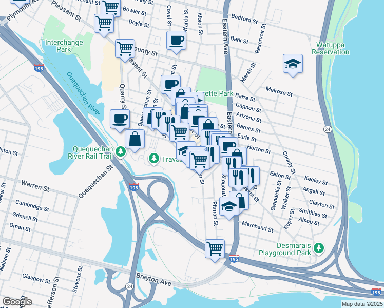 map of restaurants, bars, coffee shops, grocery stores, and more near 131 Choate Street in Fall River