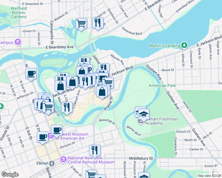 map of restaurants, bars, coffee shops, grocery stores, and more near 200 Windsor Circle in Elkhart