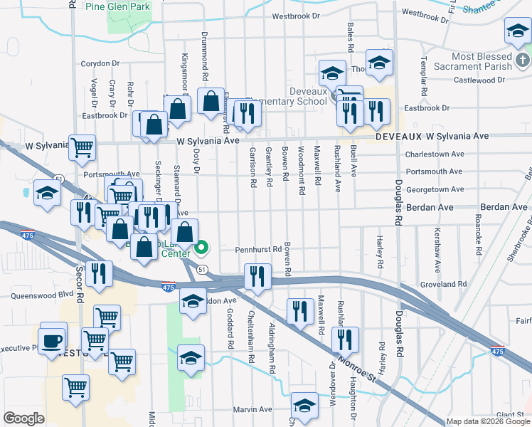 map of restaurants, bars, coffee shops, grocery stores, and more near 3707 Grantley Road in Toledo
