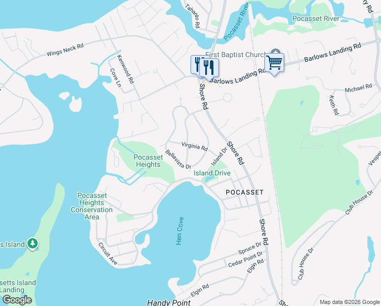 map of restaurants, bars, coffee shops, grocery stores, and more near 51 Bellavista Drive in Bourne