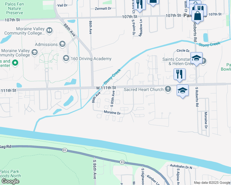 map of restaurants, bars, coffee shops, grocery stores, and more near 2 Cour Masson in Palos Hills