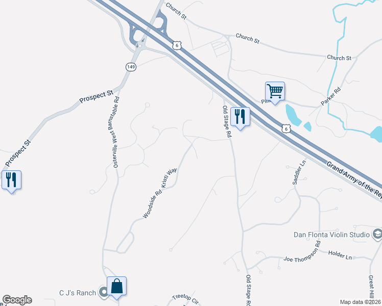map of restaurants, bars, coffee shops, grocery stores, and more near 291 Woodside Road in Barnstable
