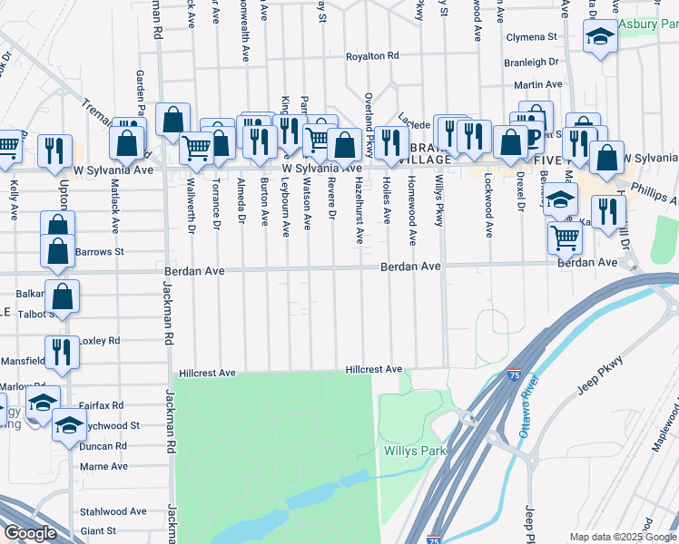 map of restaurants, bars, coffee shops, grocery stores, and more near 3726 Revere Drive in Toledo
