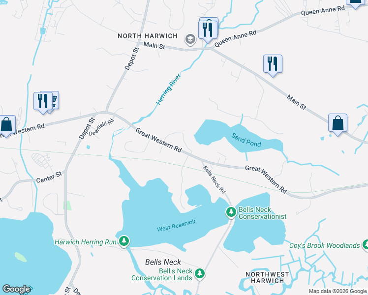 map of restaurants, bars, coffee shops, grocery stores, and more near 133 Great Western Road in Harwich