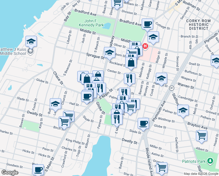 map of restaurants, bars, coffee shops, grocery stores, and more near 36 Palmer Street in Fall River