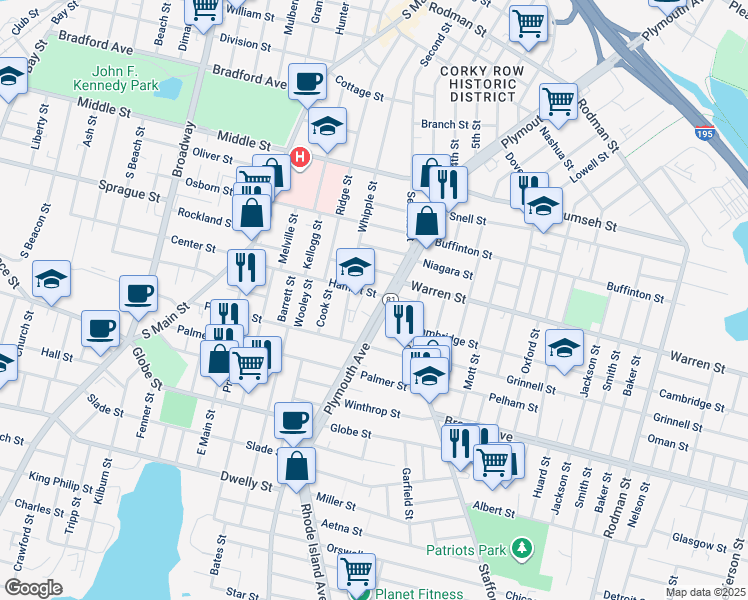 map of restaurants, bars, coffee shops, grocery stores, and more near 305 Hamlet Street in Fall River