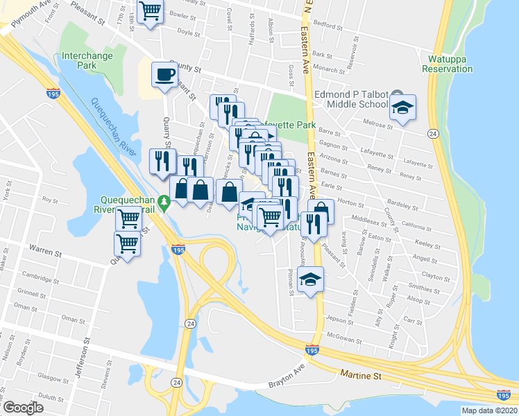 map of restaurants, bars, coffee shops, grocery stores, and more near 253 Alden Street in Fall River