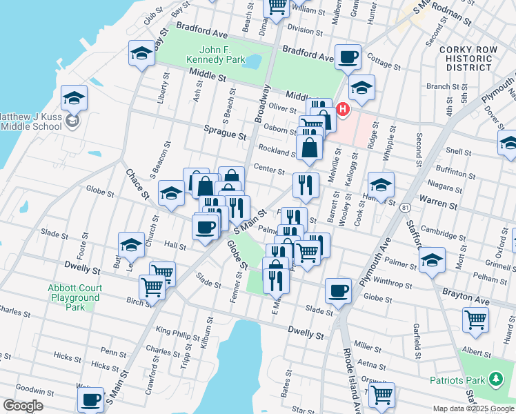 map of restaurants, bars, coffee shops, grocery stores, and more near 36 Palmer Street in Fall River