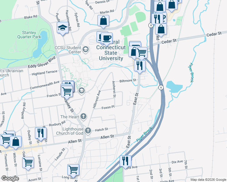 map of restaurants, bars, coffee shops, grocery stores, and more near 150 Amherst Street in New Britain