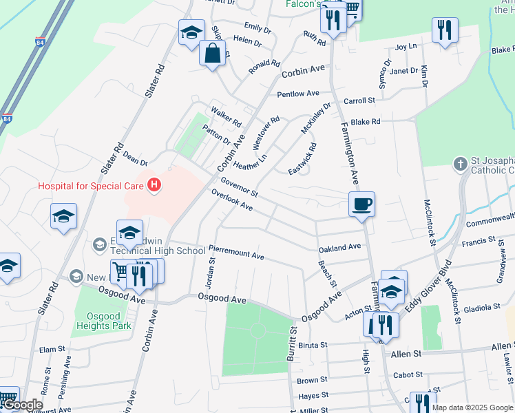 map of restaurants, bars, coffee shops, grocery stores, and more near 217 Oakland Avenue in New Britain