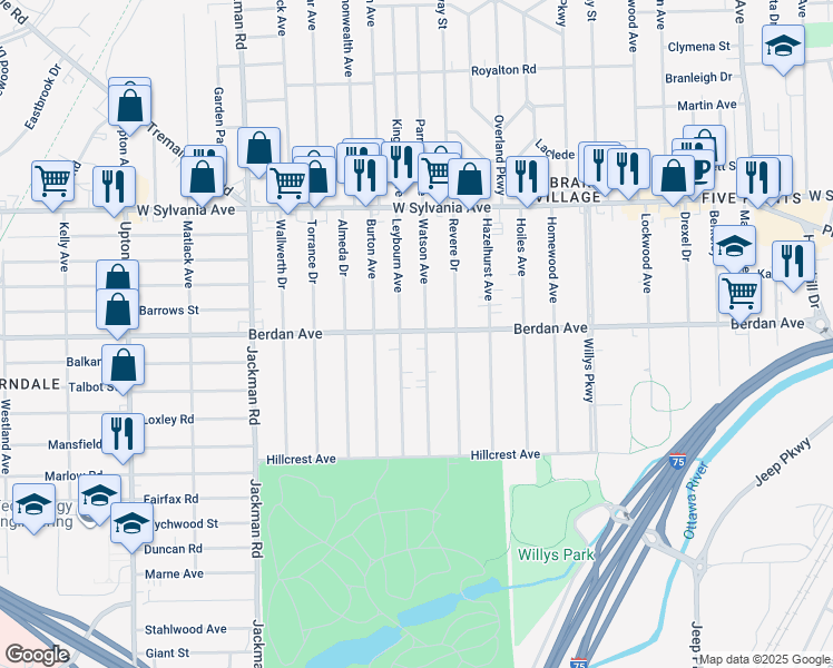 map of restaurants, bars, coffee shops, grocery stores, and more near 3664 Leybourn Avenue in Toledo