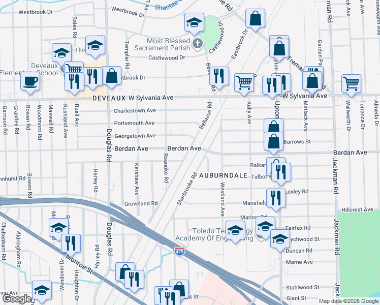 map of restaurants, bars, coffee shops, grocery stores, and more near 3749 Sherbrooke Road in Toledo