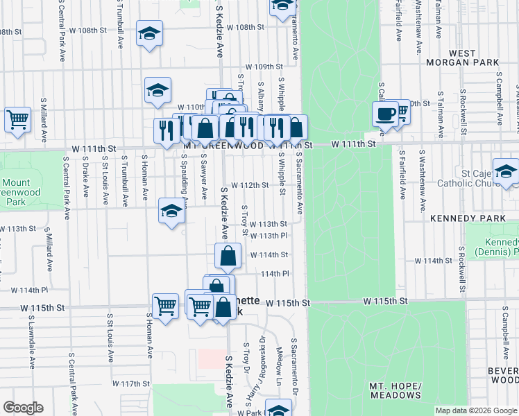map of restaurants, bars, coffee shops, grocery stores, and more near 11257 South Troy Street in Chicago