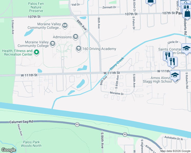 map of restaurants, bars, coffee shops, grocery stores, and more near 11141 O Gorman Drive in Palos Hills