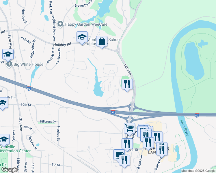 map of restaurants, bars, coffee shops, grocery stores, and more near 30 Redtail Court in Coralville