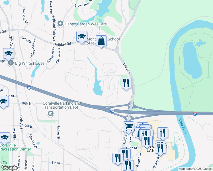 map of restaurants, bars, coffee shops, grocery stores, and more near 30 Redtail Court in Coralville