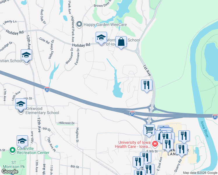map of restaurants, bars, coffee shops, grocery stores, and more near Interstate 80 in Coralville