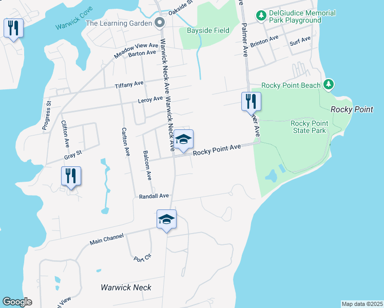 map of restaurants, bars, coffee shops, grocery stores, and more near 155 Rocky Point Avenue in Warwick