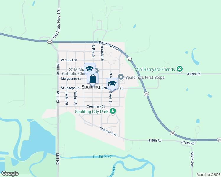 map of restaurants, bars, coffee shops, grocery stores, and more near 124 South Ash Street in Spalding