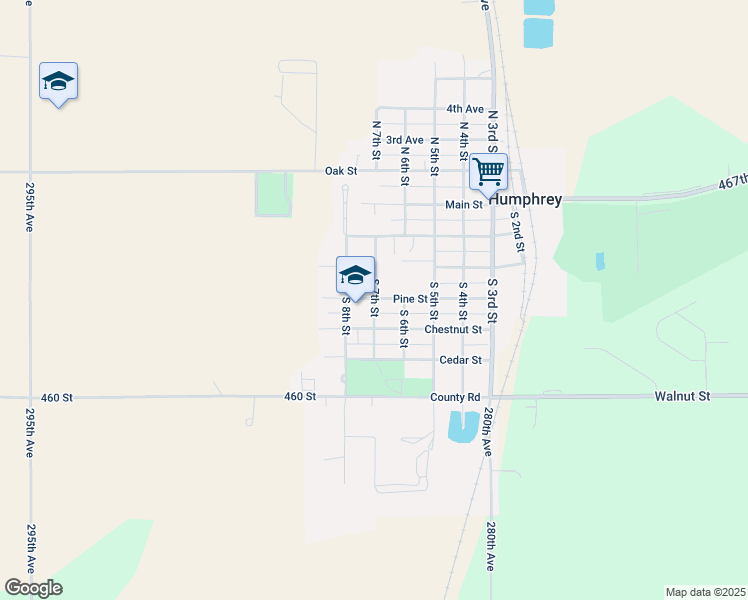 map of restaurants, bars, coffee shops, grocery stores, and more near 405 South 7th Street in Humphrey