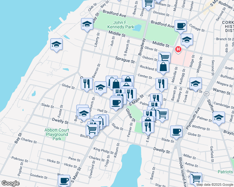 map of restaurants, bars, coffee shops, grocery stores, and more near 482 Globe Street in Fall River