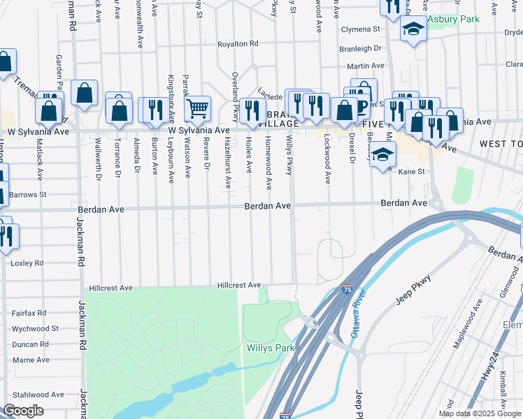 map of restaurants, bars, coffee shops, grocery stores, and more near 1347 Berdan Avenue in Toledo