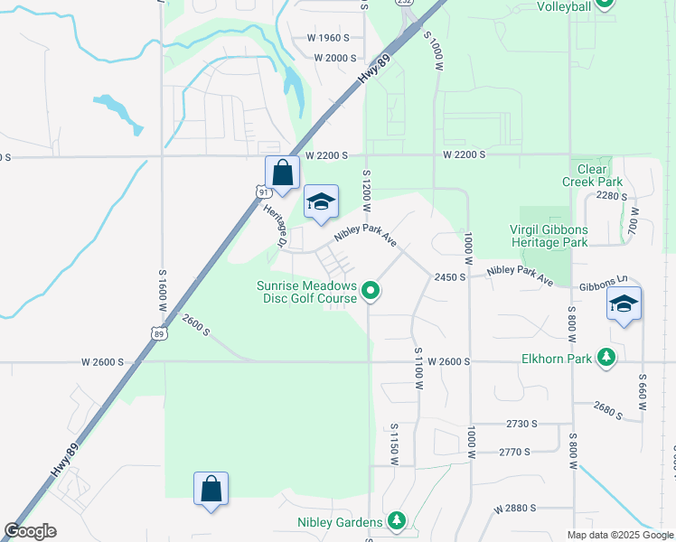 map of restaurants, bars, coffee shops, grocery stores, and more near 1250 West 2420 South in Nibley