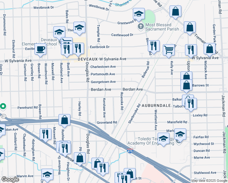 map of restaurants, bars, coffee shops, grocery stores, and more near 3729 Roanoke Road in Toledo