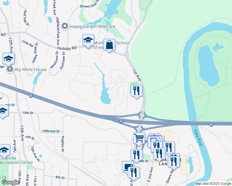 map of restaurants, bars, coffee shops, grocery stores, and more near 4 Russell Slade Boulevard in Coralville