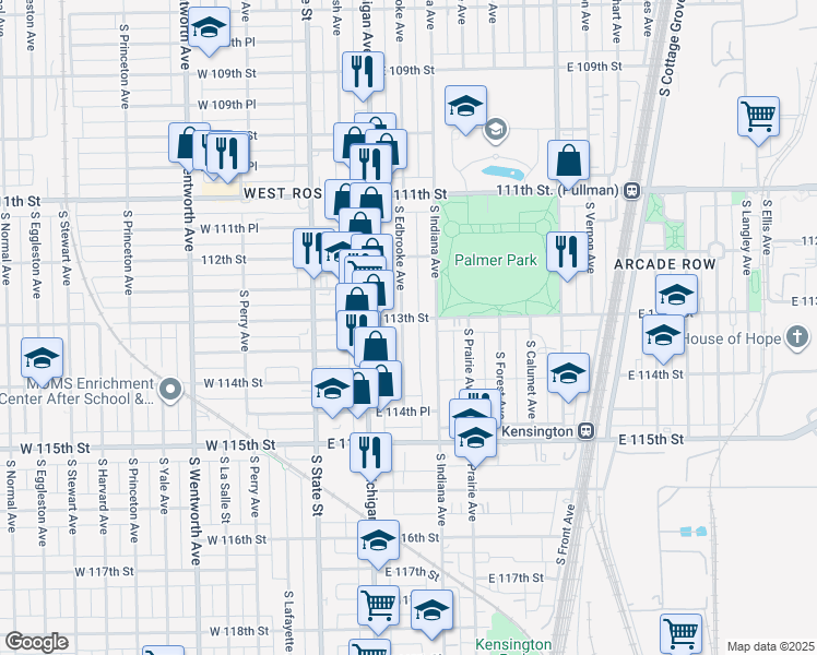 map of restaurants, bars, coffee shops, grocery stores, and more near 11326 South Edbrooke Avenue in Chicago