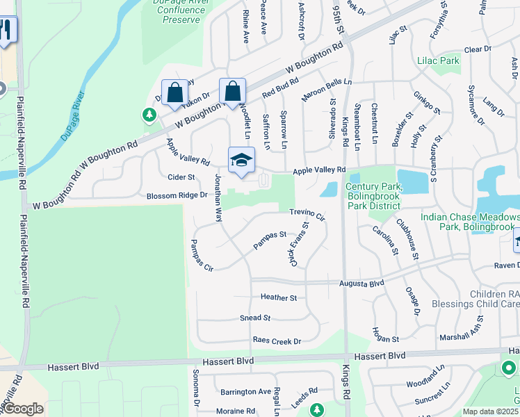 map of restaurants, bars, coffee shops, grocery stores, and more near 1796 Trevino Circle in Bolingbrook