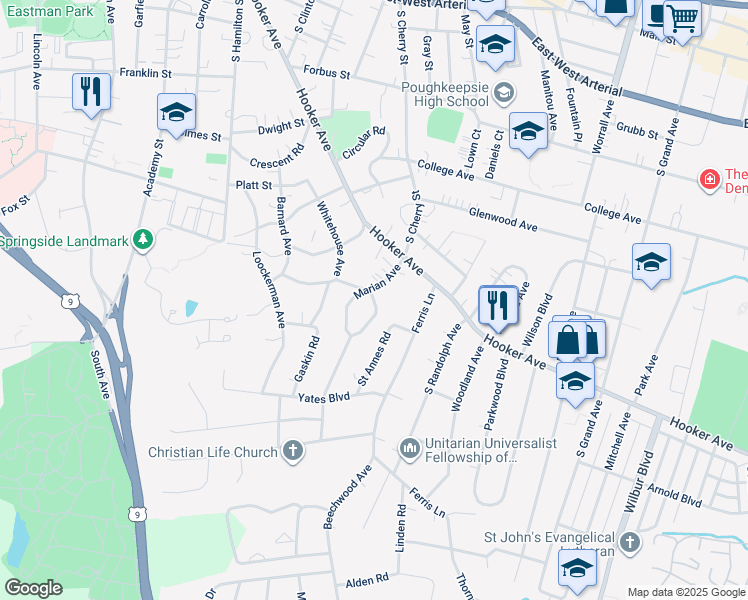 map of restaurants, bars, coffee shops, grocery stores, and more near Marian Avenue in Poughkeepsie