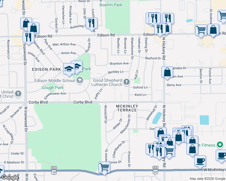 map of restaurants, bars, coffee shops, grocery stores, and more near 3100-3298 Voll Ln in South Bend