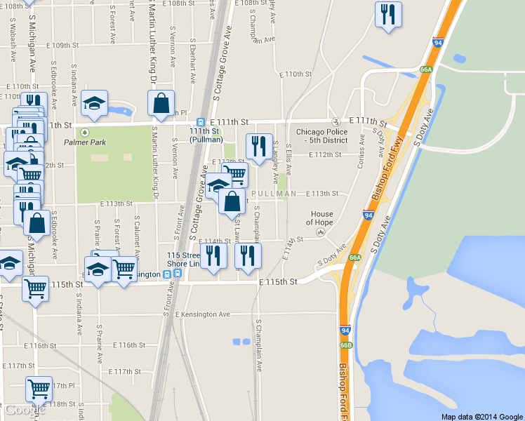 map of restaurants, bars, coffee shops, grocery stores, and more near 11313 S Champlain Ave in Chicago