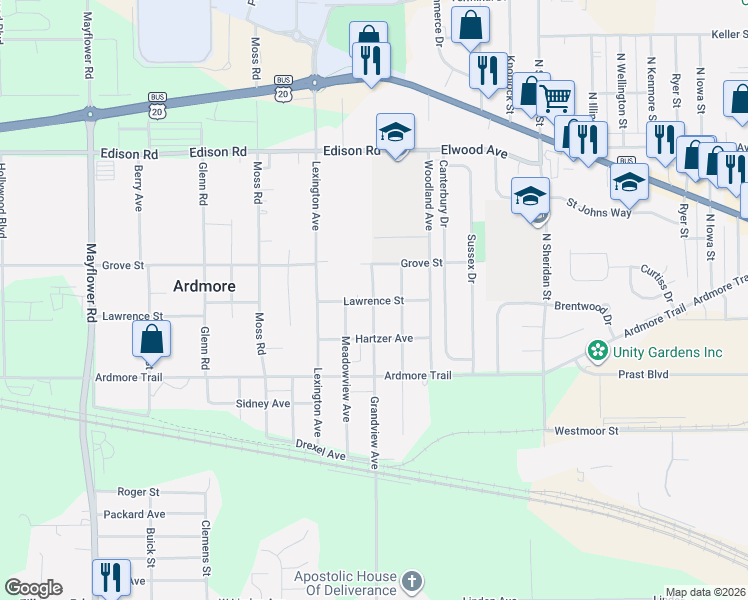 map of restaurants, bars, coffee shops, grocery stores, and more near 55354 Grandview Ave in South Bend