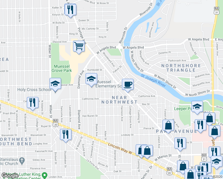 map of restaurants, bars, coffee shops, grocery stores, and more near 1023 Sherman Avenue in South Bend