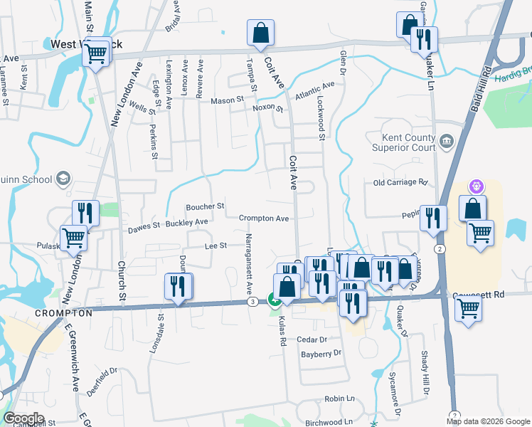 map of restaurants, bars, coffee shops, grocery stores, and more near 27 Audrey Drive in West Warwick