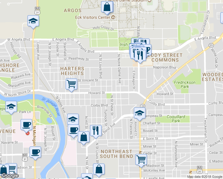 map of restaurants, bars, coffee shops, grocery stores, and more near 1049 North Saint Peter Street in South Bend