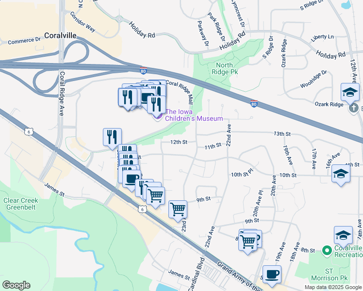 map of restaurants, bars, coffee shops, grocery stores, and more near 2332 12th Street in Coralville