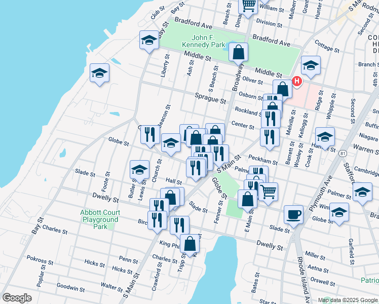 map of restaurants, bars, coffee shops, grocery stores, and more near 100 Evelyn's Way in Fall River