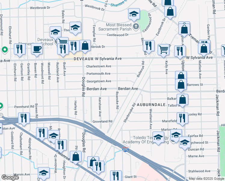 map of restaurants, bars, coffee shops, grocery stores, and more near 2315 Berdan Avenue in Toledo